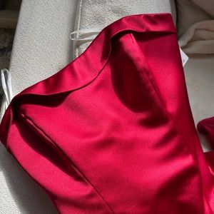 Strapless formal red satin dress train